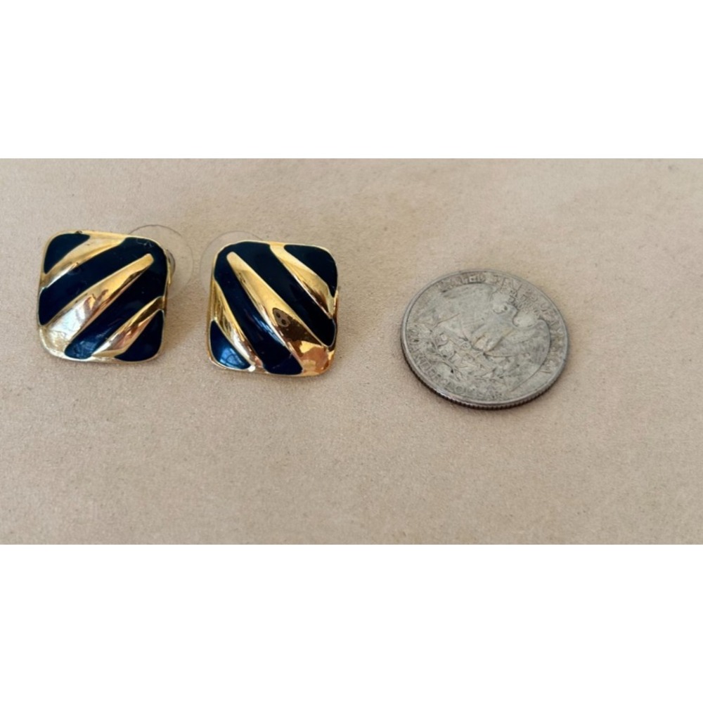 80s Enamel Square Earrings Gold Tone Blue Pierced .75" VGUC